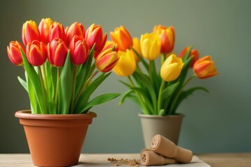 Vibrant red & yellow tulips burst from terracotta pot , fresh, potted tulips, flowers