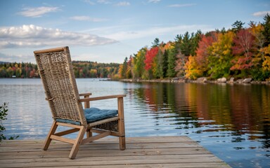 Fototapeta premium autumn Ontario, Canada, Autumn lakefront chair on dock