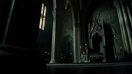 Dimly lit cathedral interior, ornate throne with intricate carvings bathed in faint light, towering stone pillars and shadowed arches create a mysterious, reverent atmosphere. 