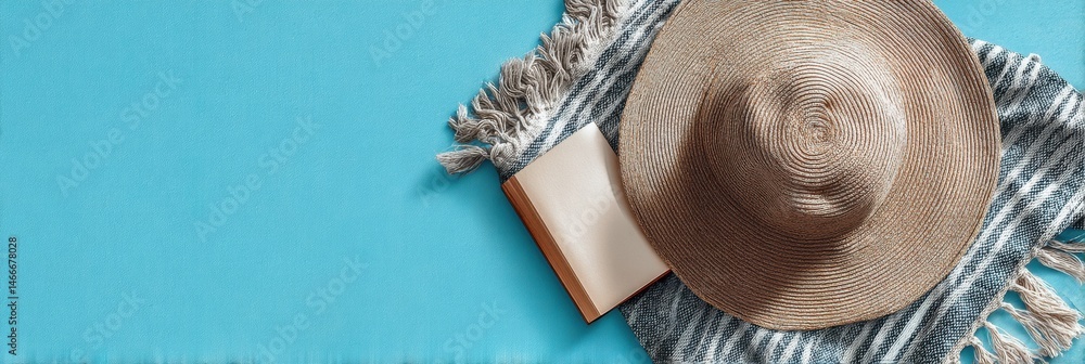 Poster relaxing beach day essentials featuring a towel, straw hat, and an open book on a sunny day generati