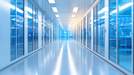 Modern data center corridor with sleek glass walls and bright lighting, showcasing clean and futuristic environment