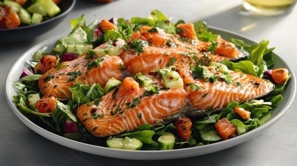 Delicious salmon salad with fresh greens.