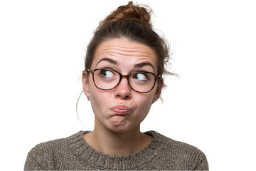 Fototapeta premium Young woman with glasses making a funny face thoughtful expression casual portrait studio shot bun girl on transparent background