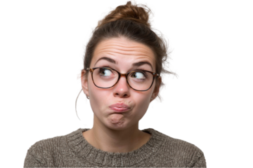 Young woman with glasses making a funny face thoughtful expression casual portrait studio shot bun girl on transparent background