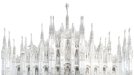 Fototapeta premium Duomo di Milano front facade, towering spires and ornate sculptures carved in white marble, intricate Gothic designs glowing vividly on a white backdrop, symmetrical view. 
