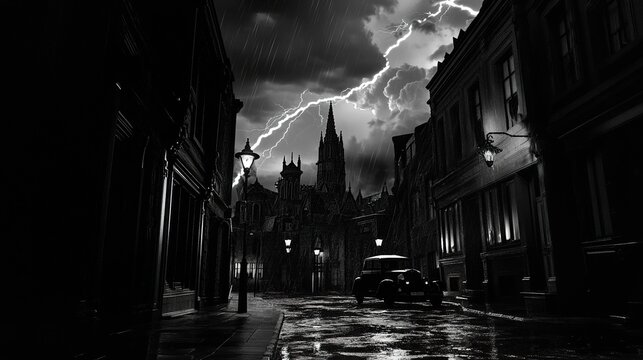 Eerie Gothic city under a storm, cathedrals silhouetted against lightning-filled skies, dim lantern light spilling into wet, narrow streets, cinematic depth 