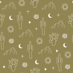 Seamless pattern with mountain silhouette, cactus, sun and moon on green background. Hand drawn vector illustration for wrapping paper, textile, fabric.