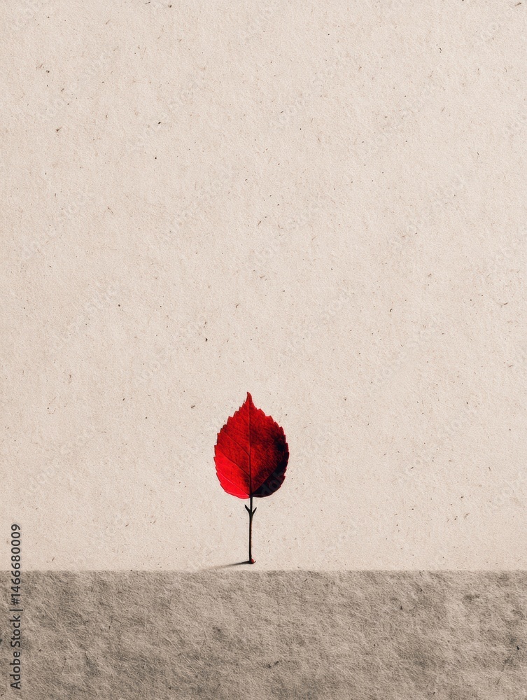 Poster single red leaf stands out against a soft paper background in a minimalist display of natures beauty