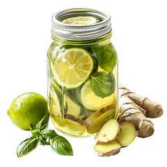 Lime Basil and Ginger in Mason Jar Isolated on Transparent Background