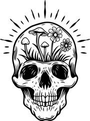 Obraz premium SVG vector featuring a beautifully detailed skull with floral designs. Skull with Flowers and Mushrooms Illustrating Nature's Cycle