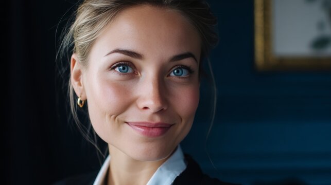 A woman with blue eyes looking at the camera