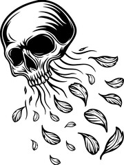 Obraz premium SVG vector featuring a beautifully detailed skull with floral designs. Skull Design with Flowing Leaves for Artistic and Unique Creations