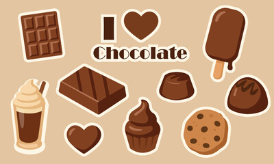 A set of illustrations with chocolate, candies, ice cream, cookies, and desserts on a beige background. Fun design with the phrase I love chocolate.