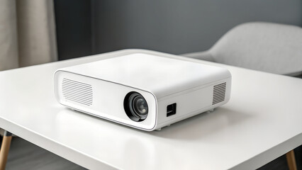 Minimalistic projector mockup on a table against gray background  