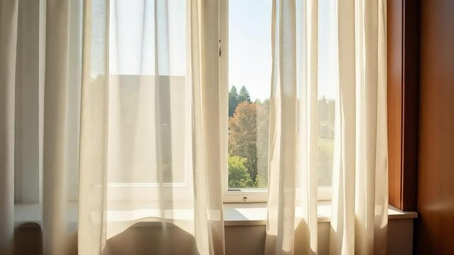 Sunlight streams through sheer curtains illuminating a tranquil room with autumnal trees viewed from the window