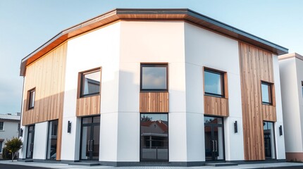 Obraz premium Modern Architecture Facade Design with Wooden Accents in Contemporary Urban Residence