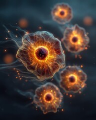 Abstract visualization of glowing cytokine molecules transmitting signals between cells in fluid space, blending science and art in a futuristic atmosphere.