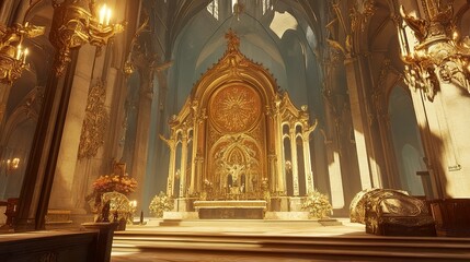 Obraz premium Exquisite cathedral interior, golden embellishments shimmer under soft light, intricate stone carvings and lavish decor frame the altar, cinematic wide shot captures its heavenly allure. 