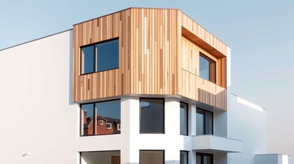 Modern Architecture: Contemporary Wooden Facade with Geometric Shapes and Large Windows in Stylish Residential Building