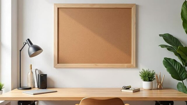 Modern Home Office Workspace with Corkboard Desk Lamp Plants and Wooden Desk