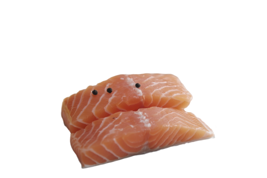 Salmon Duo Orange fillets with peppercorn eyes atop a black void