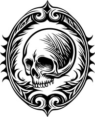 SVG vector of a skull with decorative frames, ideal for tattoo designs. Detailed Artistic Skull Design with Ornate Frame and Swirls