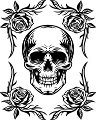 Fototapeta premium SVG vector of a skull with decorative frames, ideal for tattoo designs. Skull Design Surrounded by Floral Roses in Black and White Style