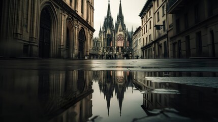 Fototapeta premium Exterior of a cathedral in the rain, reflections of spires and stained glass in puddles, moody atmosphere, low wide-angle cinematic view. 