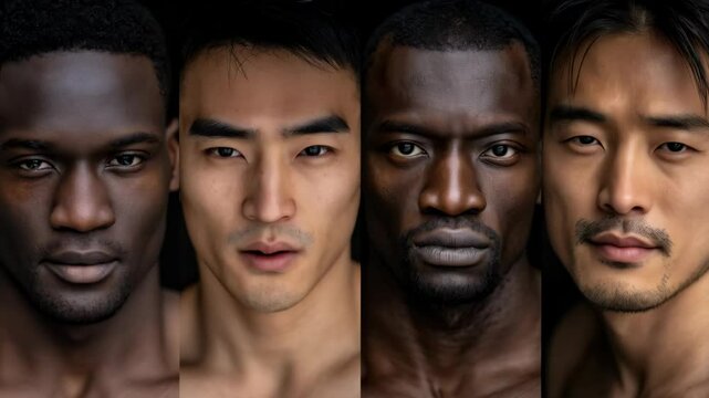 Four diverse male faces, showcasing different skin tones and ethnic backgrounds against a dark background in a studio environment.