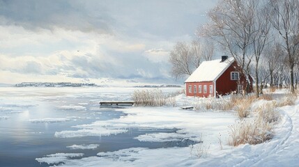 Winter landscape with a red cabin on frozen lake.