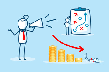 Character Illustrating Business Strategy and Financial Growth with Megaphone and Charts on Light Blue Background