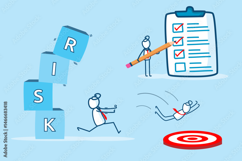 Poster dynamic business illustration showing characters managing risk and achieving goals with checklists a