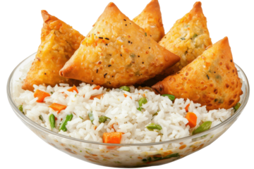 Samosa pyramids reign over a vegetable rice kingdom in a glass bowl against the dark void