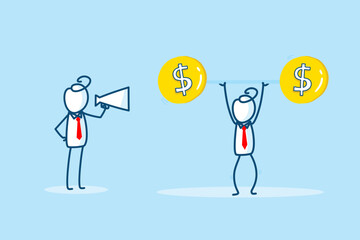 Business Illustration of Two Characters Engaged in Financial Strategy with Dollar Symbols and Megaphone in a Light Blue Background