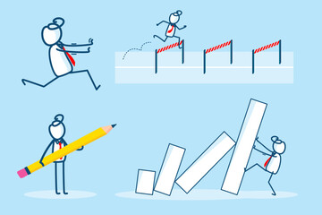 Creative Business Illustration Featuring Stick Figure Characters Engaging in Dynamic Activities to Represent Growth and Strategy in the Workplace