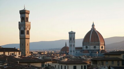 Naklejka premium Florence skyline featuring the Duomo and bell tower, illuminated by the golden light of dusk, terracotta rooftops creating a warm foreground, panoramic view. 