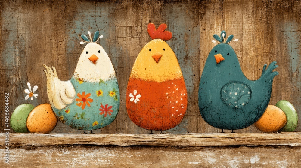 Aufkleber whimsical cartoon hens with colorful eggs against a rustic wooden backdrop in a charming farm settin