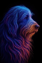 Naklejka premium Stylized portrait of a dog with vibrant neon colors on a black background.