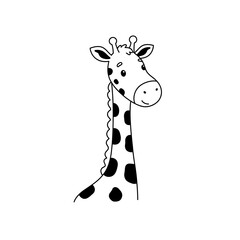 A simple black and white line drawing of a smiling giraffe with distinctive spots and a long neck. © Momphoto