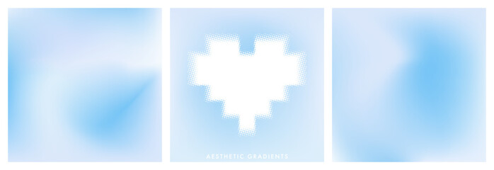 Abstract minimal square blue sky with cloud as a geometric heart shape frame. Aesthetic light blue clear sky gradient background. Set of 3 gradient templates for social media post, cover, banner, ads