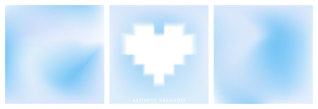 Abstract minimal square blue sky with cloud as a geometric heart shape frame. Aesthetic light blue clear sky gradient background. Set of 3 gradient templates for social media post, cover, banner, ads