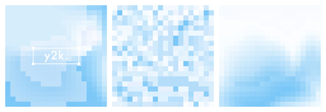 Y2k inspired set of light blue pixelated gradient background. Abstract blurry blue sky vector texture. Sky pixel pattern. Mosaic bg. Vector square backdrop for poster, cover, banner, social media post