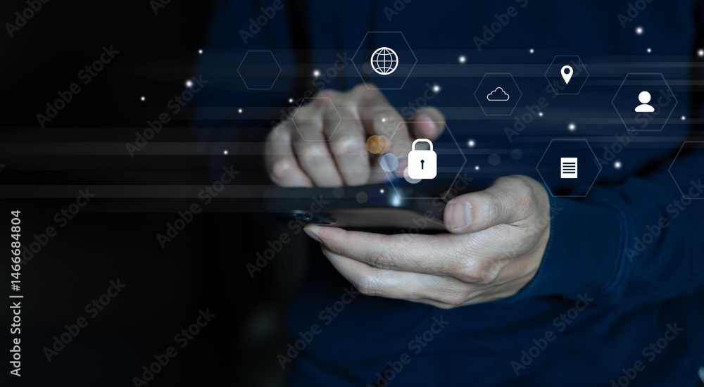 Wall mural close up man hand hold smartphone to access private account on website with virtual icon of pdpa for