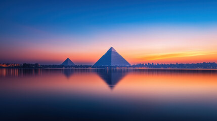 Obraz premium Majestic pyramids reflect in calm water at sunset, showcasing stunning colors and serene beauty. breathtaking view of ancient architecture