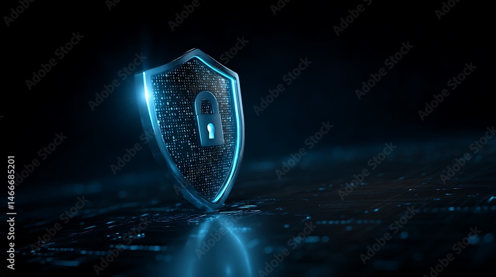 Poster A futuristic, glowing shield icon with a lock symbol in the center, representing cybersecurity and data protection, the shield is illuminated in neon blue tones, with a digital matrix background