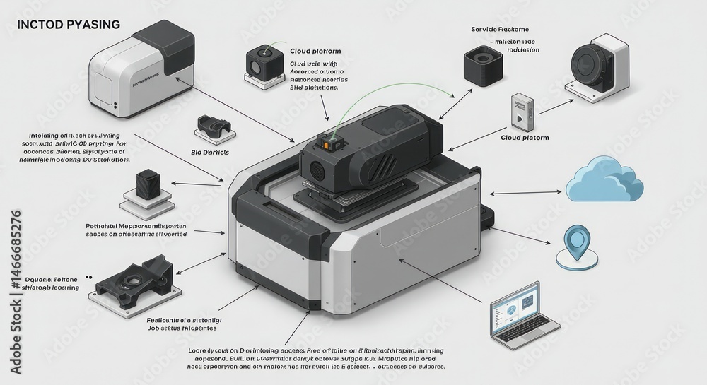 Poster isometric diagram of a scientific instrument with data processing and cloud connectivity