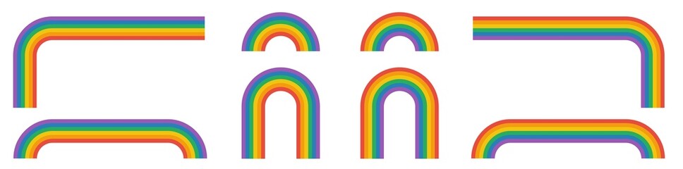Set of Rainbow Graphic Design Elements, Vector in Flat Colors, Easy to Cut and Combine. Playful, Simple, Minimal, Geometric, Transparent Background. Vintage Retro Stripes, Poster Frame, Pride Symbol