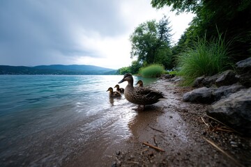 Female mallard with ducklings on lakeshore with mountain view and calm water