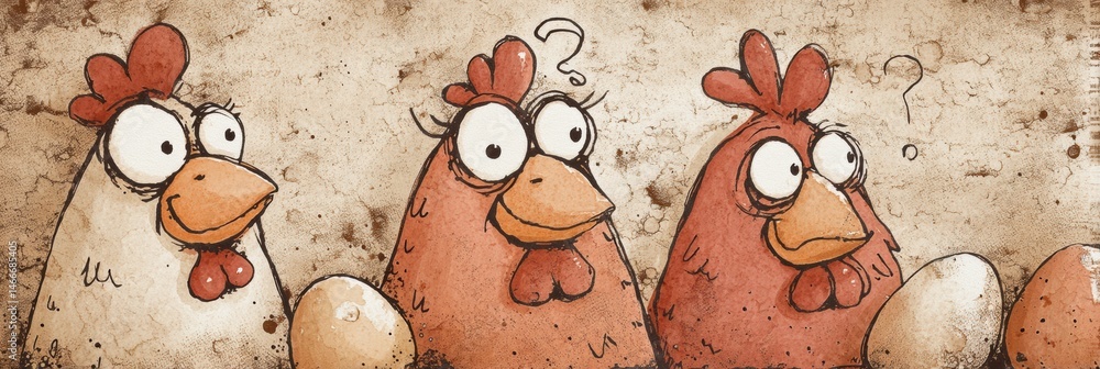 Poster Whimsical Cartoon Hens Curiously Observing Their Colorful Eggs in a Charming Rustic Farm Setting With a Playful Atmosphere Generative AI