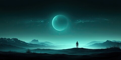 Silent Observer Figure gazes at a luminous planet over mountains.